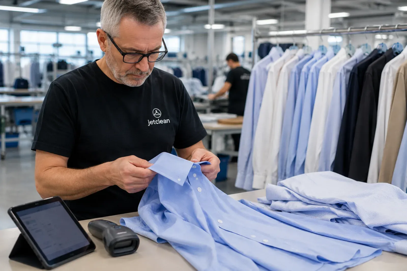 JetClean-fagmand vurderer et tekstil inden behandling